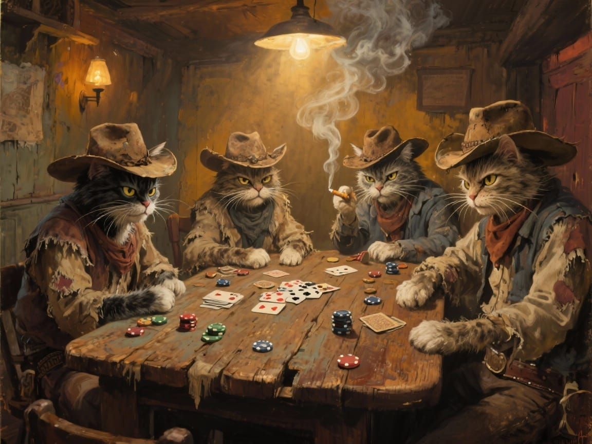 Grumpy Alley Cats Play Poker in Old West Saloon