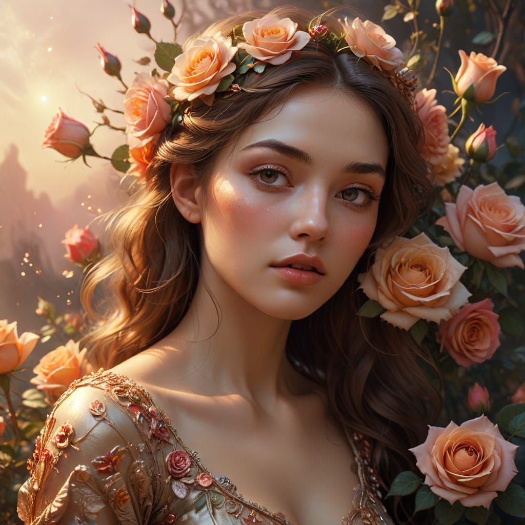 Ethereal Woman Adorned with Roses in Dreamlike Surrealism