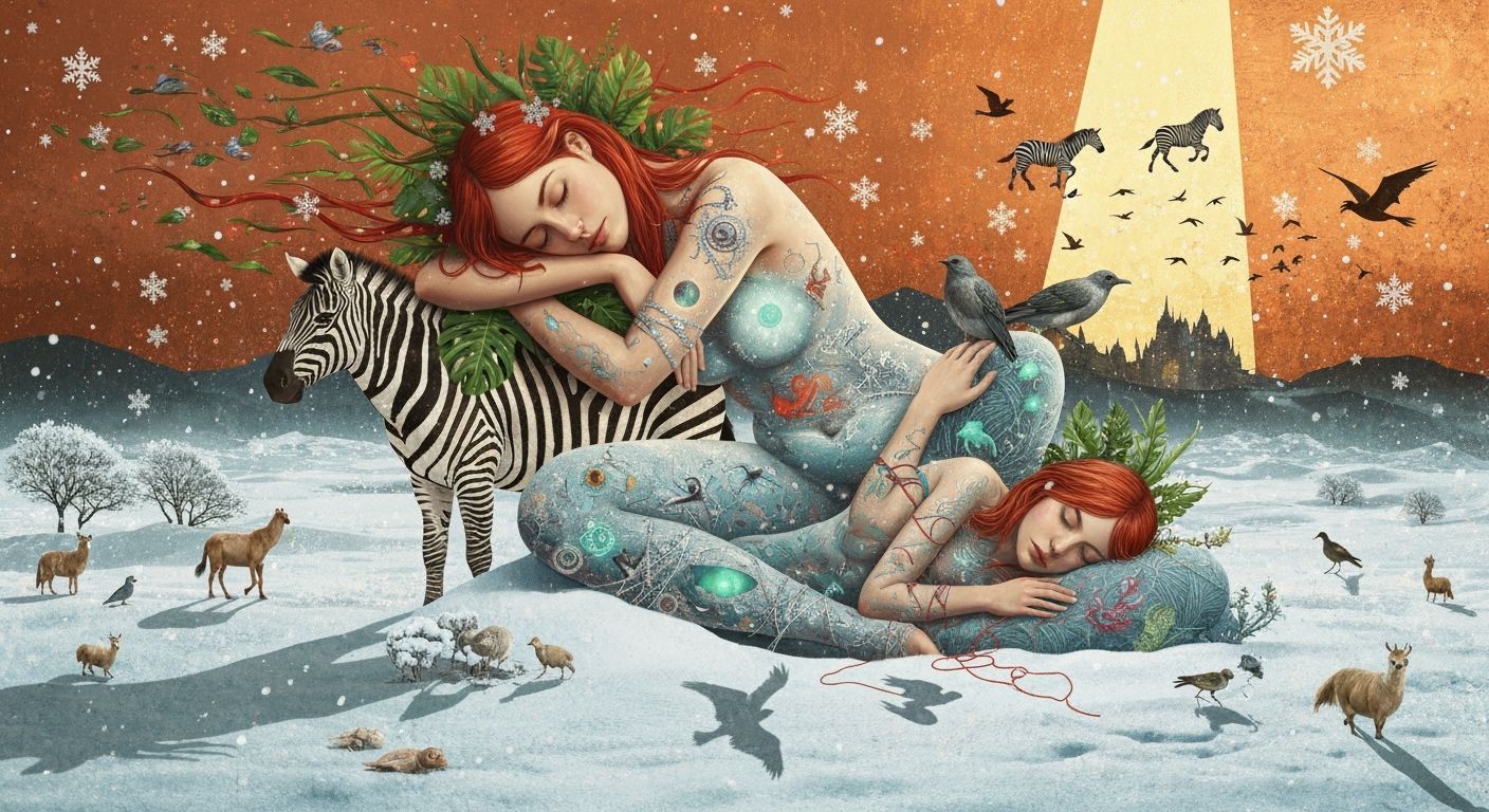 Surreal Winter Dreamscape of a Woman on a Zebra