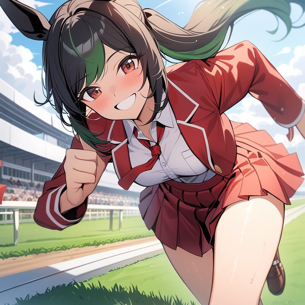 Anime Horse-Girl Running on Track in School Uniform