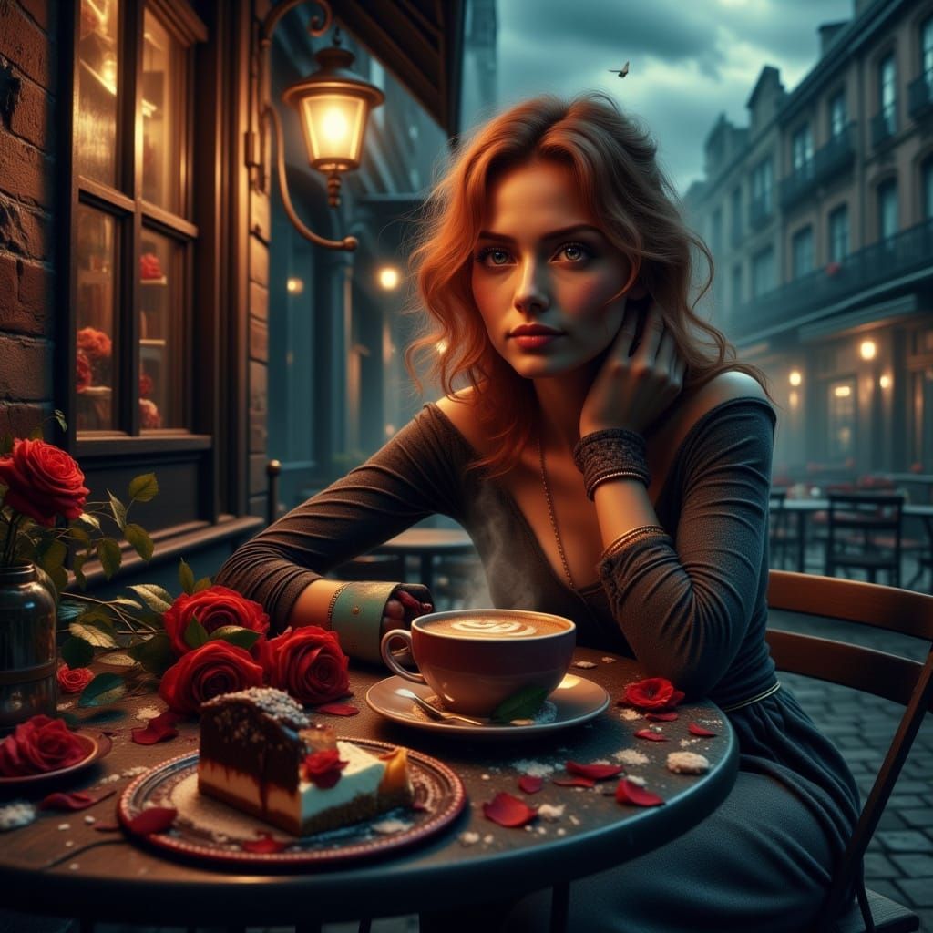 Melancholic Romance: Woman in Grunge Gothic City Cafe