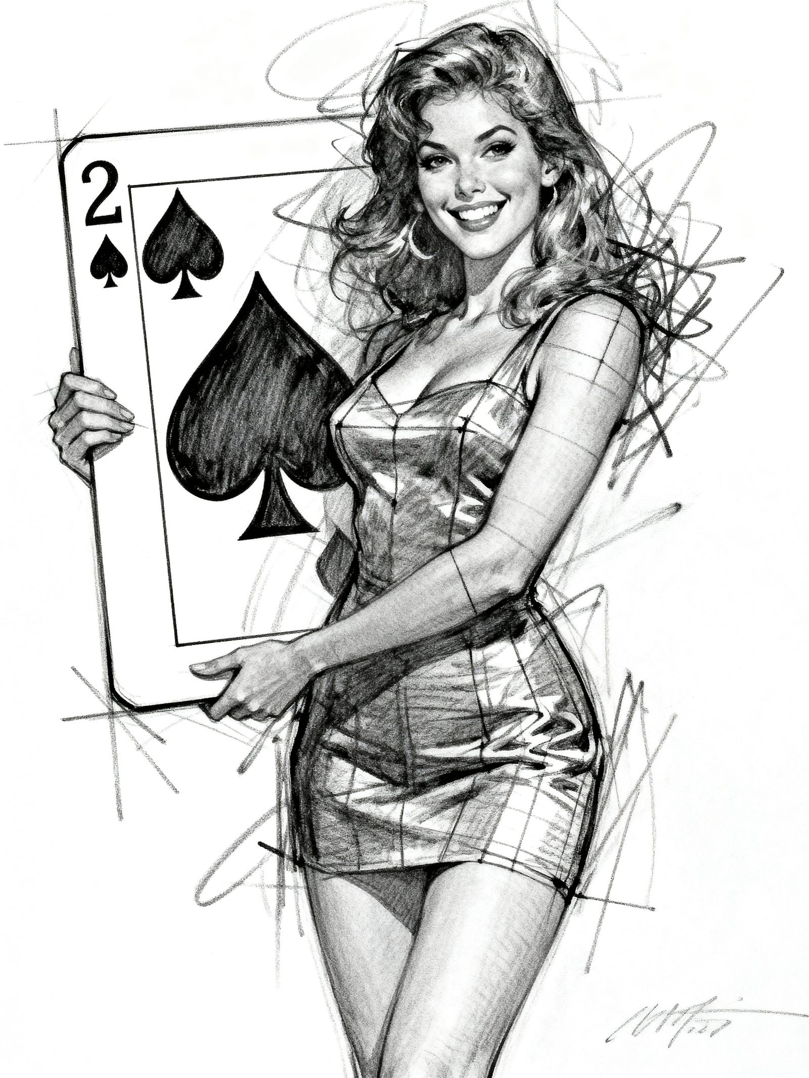 Pencil Sketch of Woman Holding Giant 2 of Spades Card
