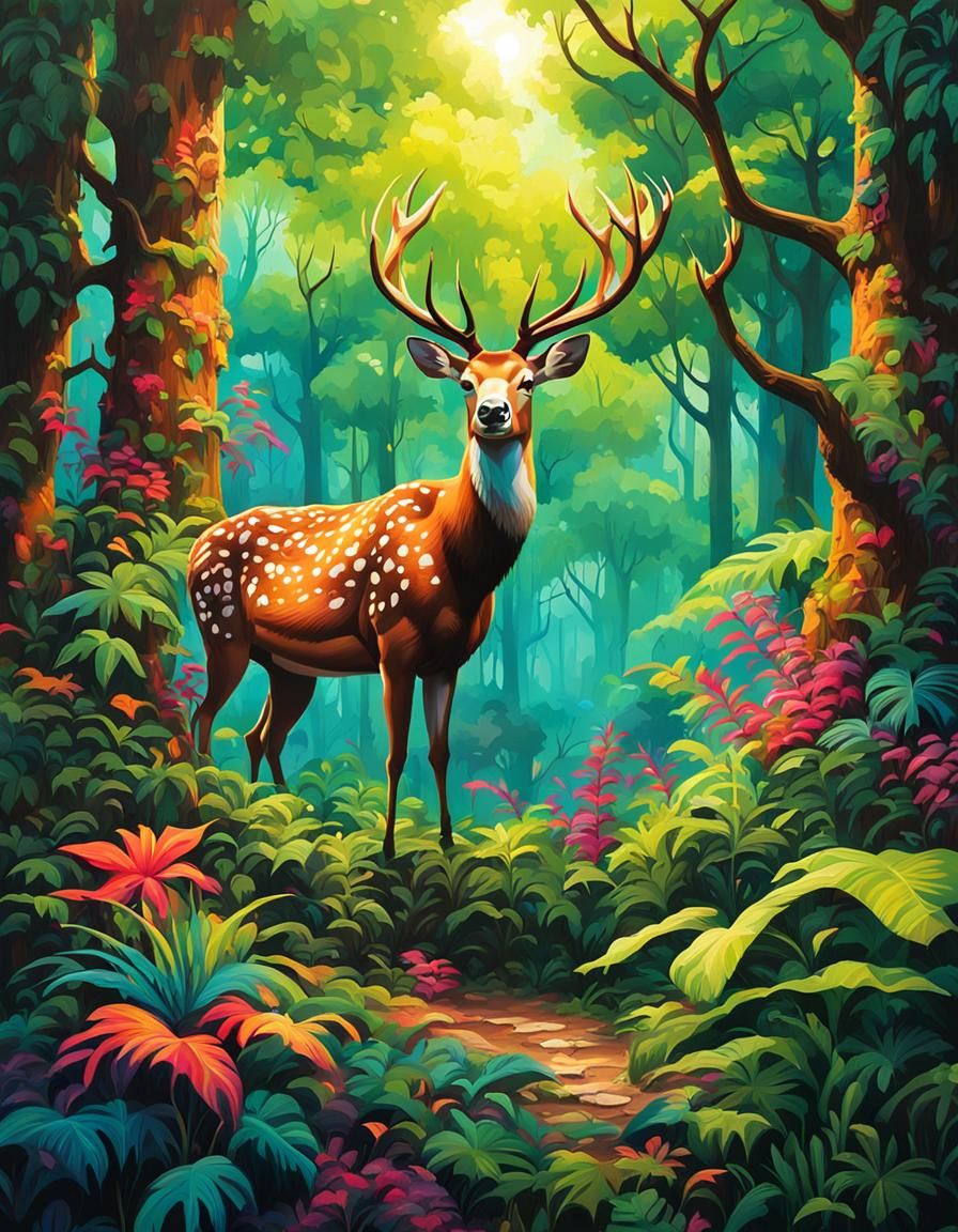 Sunlit Deer Under Jungle Canopy in Graffiti Art Style