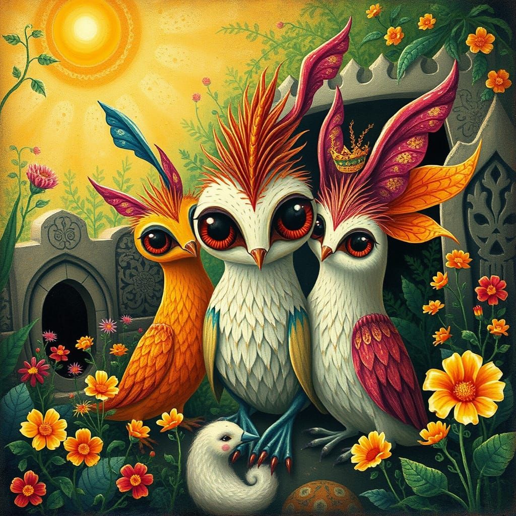 Mystical Creatures in Vibrant Mexican Garden