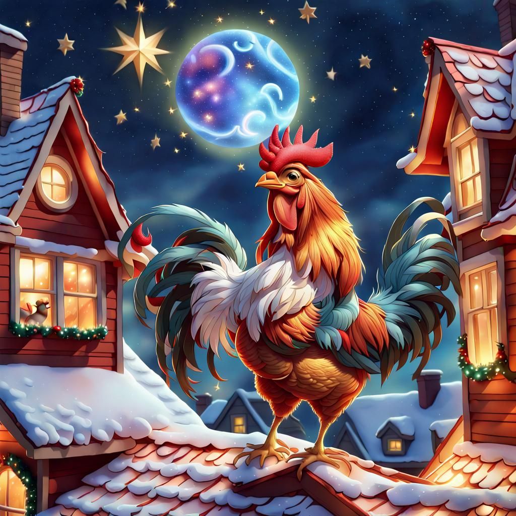 Cute Rooster Greets Santa Claus: Airbrush Art