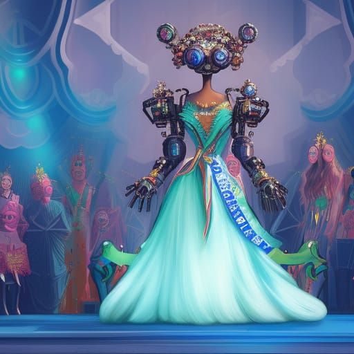 Robot Beauty Queen Wins Pageant: Detailed Digital Art