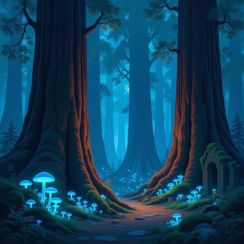 Ancient Redwood Forest Twilight with Bioluminescent Glow