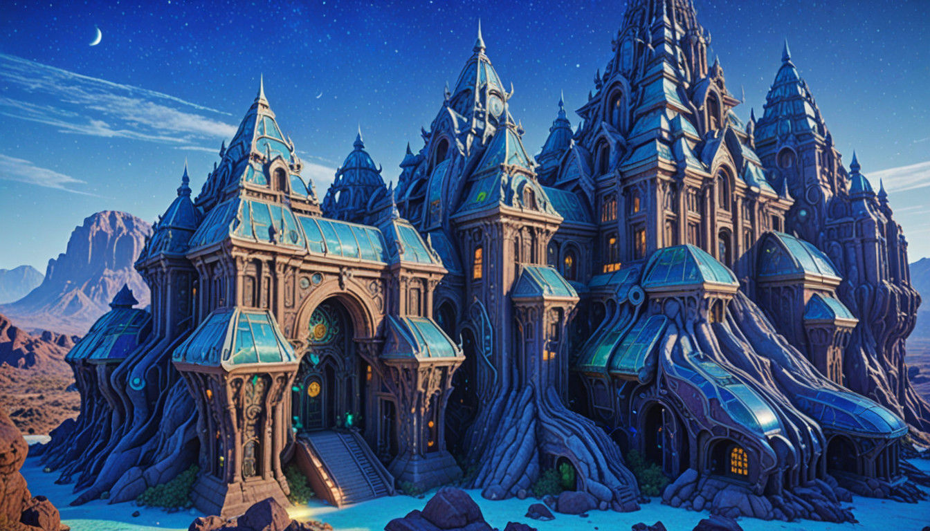 Ancient Gemstone Temple in Dreamlike Bioluminescent Night