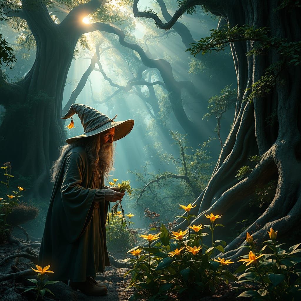 Mystical Witch Collects Rare Magical Herbs in Enchanted Fore...