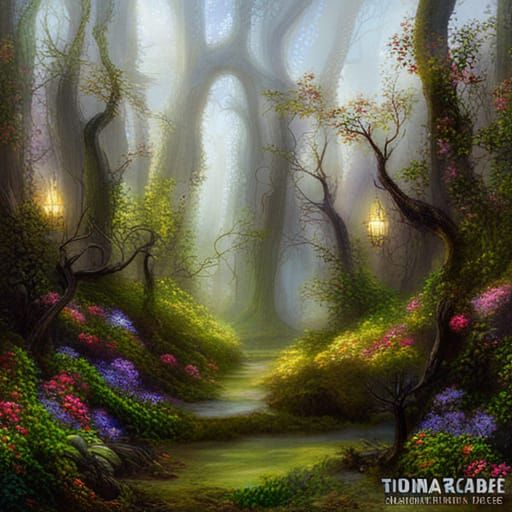 Magical Forest with Fluffy Flowers, Ethereal Fantasy Art