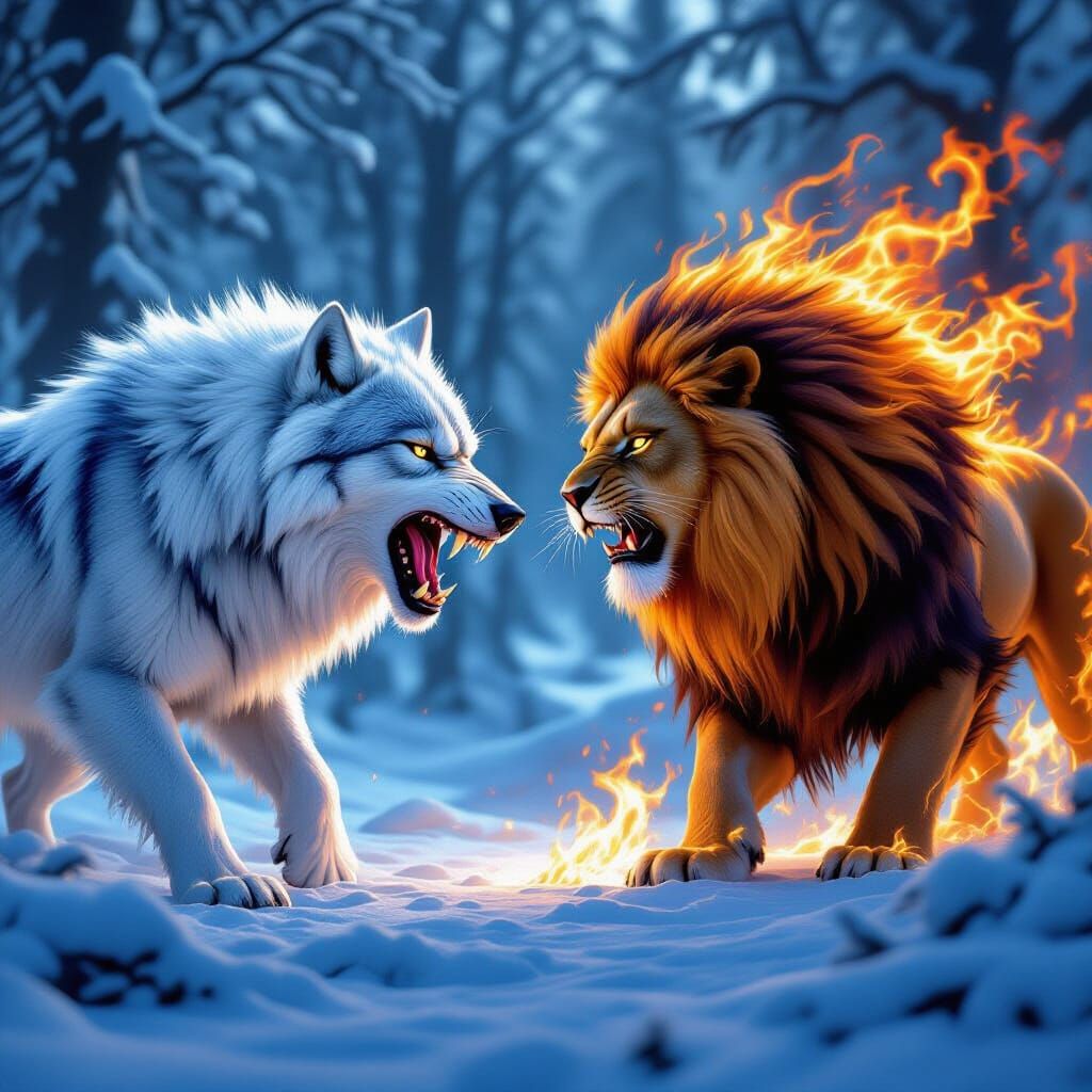 White Wolf Battles Fire Lion in Icy-Fiery Forest
