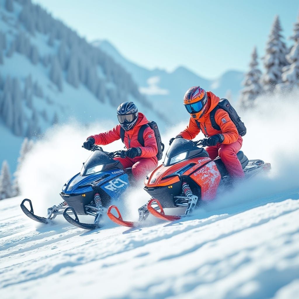 Snowmobilers Racing Downhill in Winter Wonderland