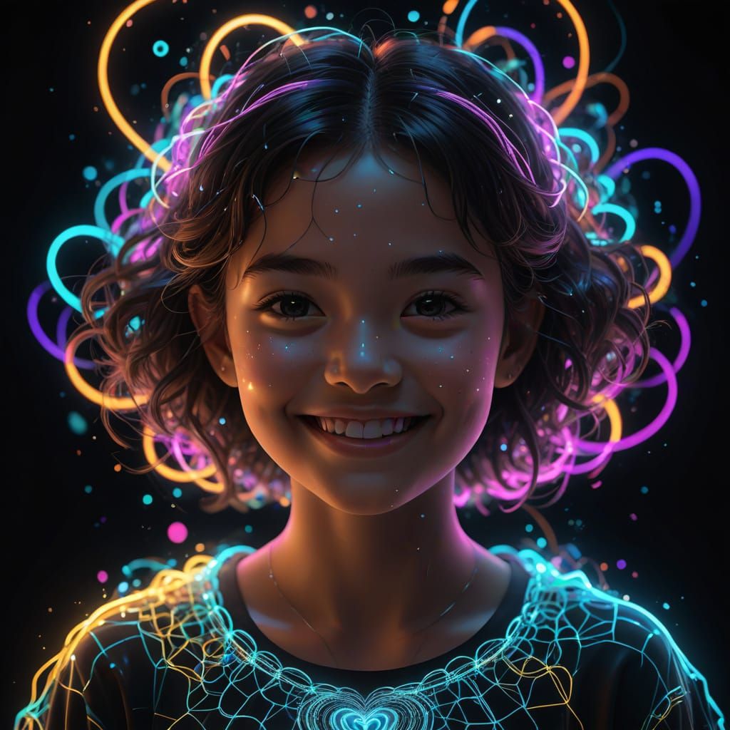 Glowing Smile Amidst Neon Fractals and Holographic Layers