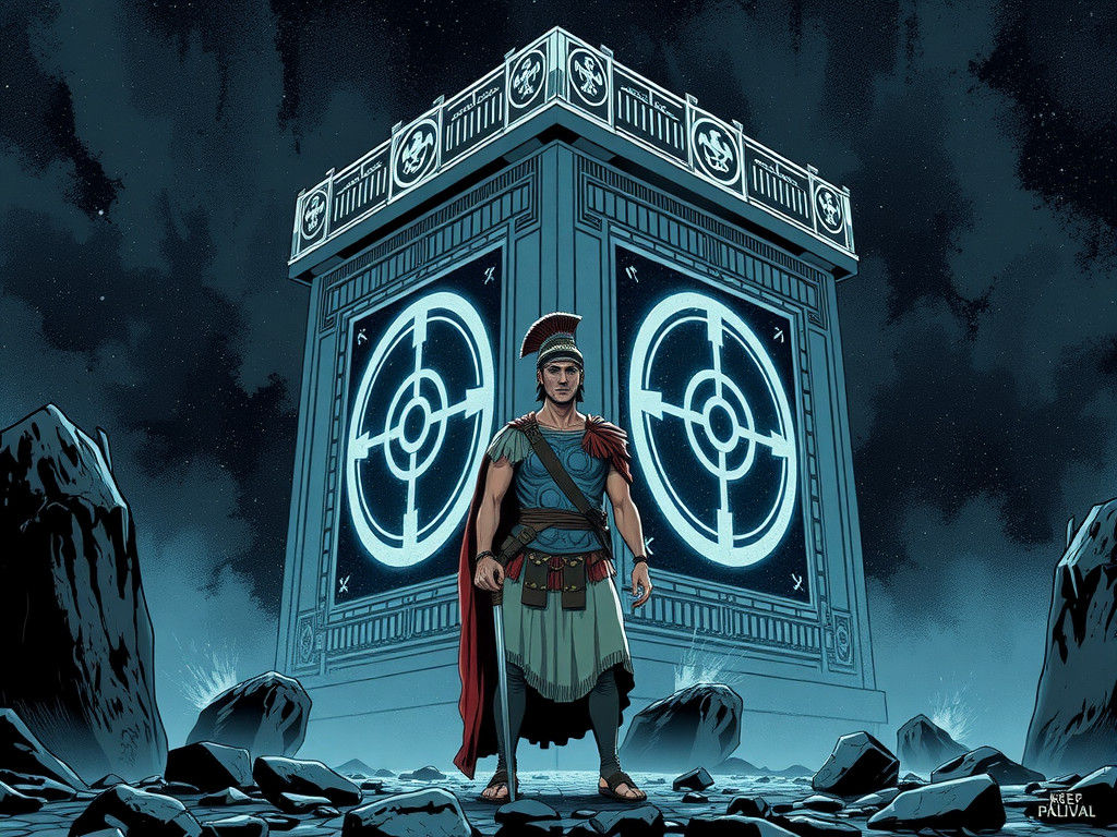Roman Centurion Guards the Pandorica in Cyberpunk Style