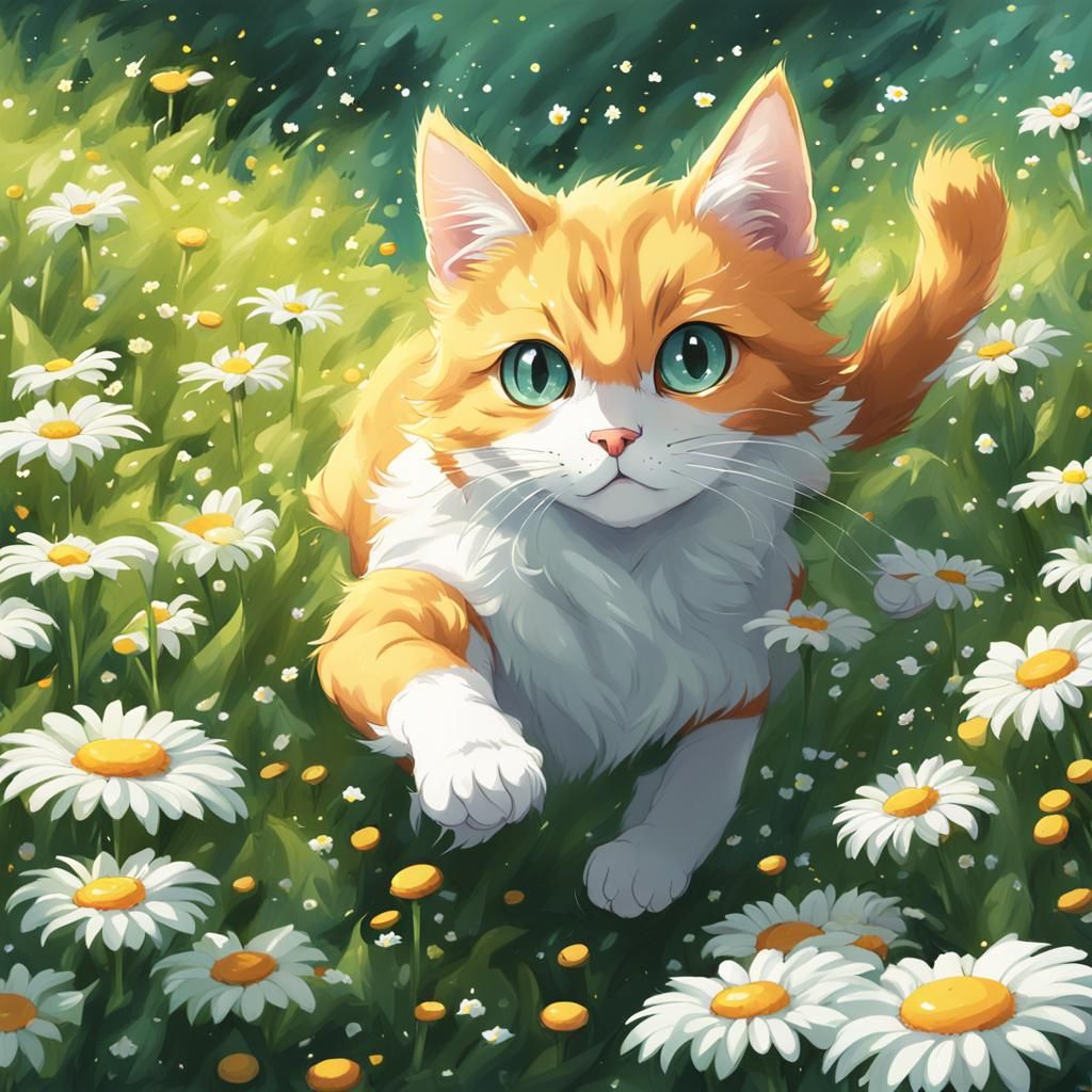 Cat Runs Through Daisies in Anime Style