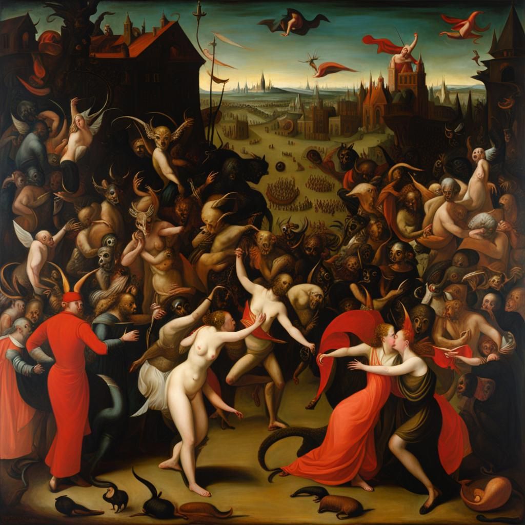 Saturnalia parade in the style of Hieronymus Bosch:: devils,...
