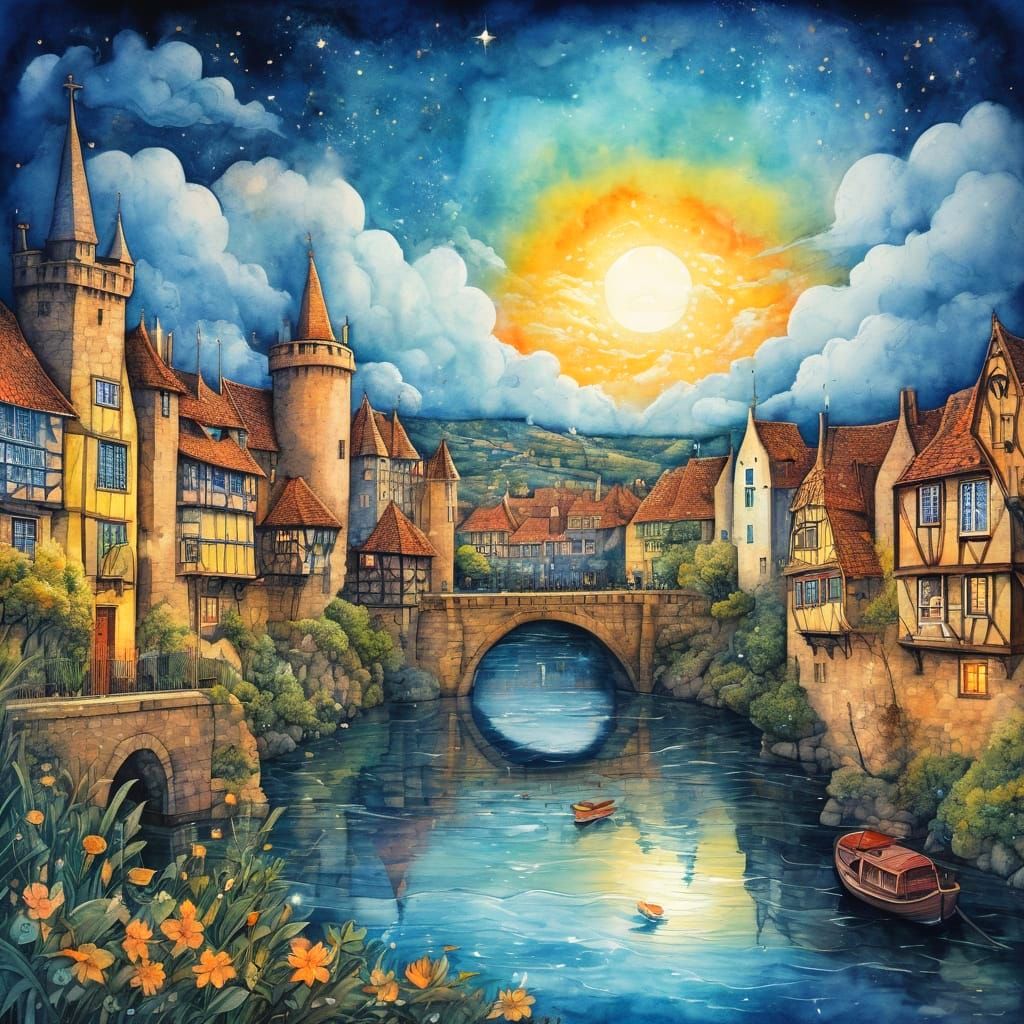 Tudor Cityscape in Vibrant Watercolor