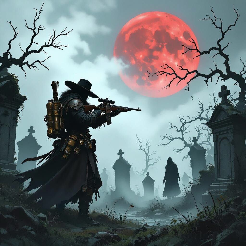 Witch Hunter Silhouette in Gothic Graveyard