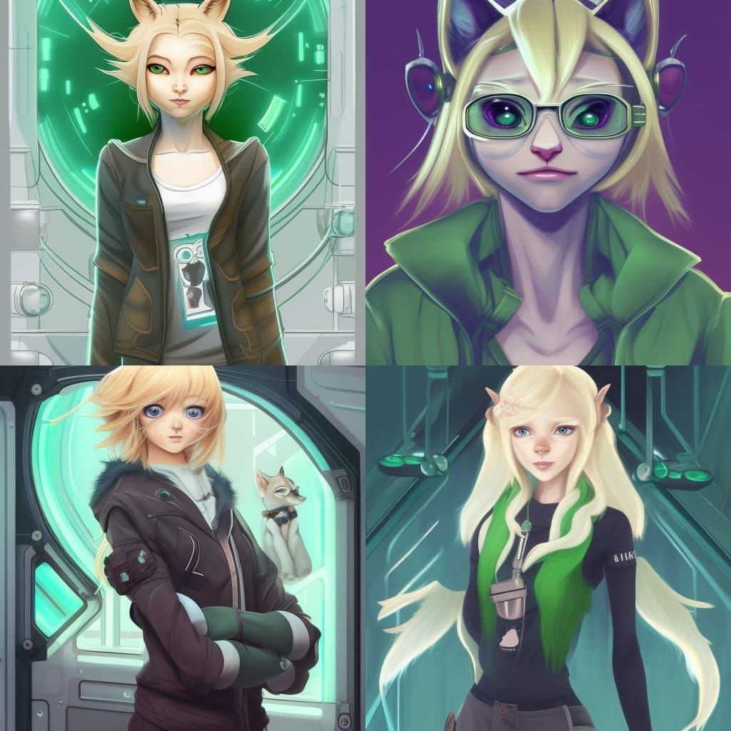 beautiful portrait commission of a cute female furry anthro Canadian Lynx fursona casual clothes in a futuristic mechani...