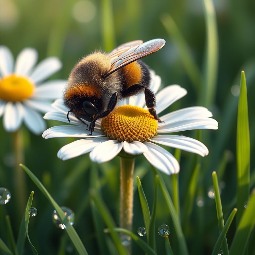 Sleepy Bumblebee on Chamomile Flower in Pastel Colors