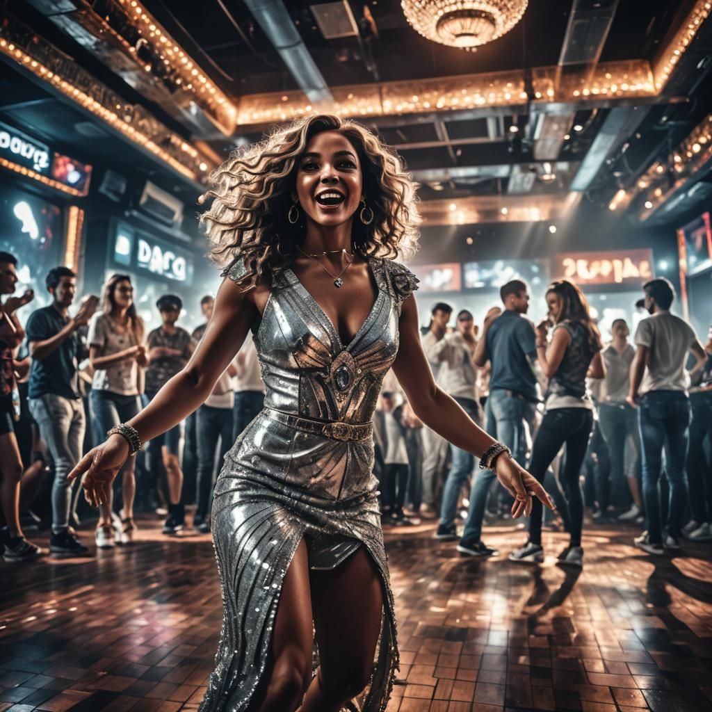 Hyperrealistic Dancing Queen in Discoteque