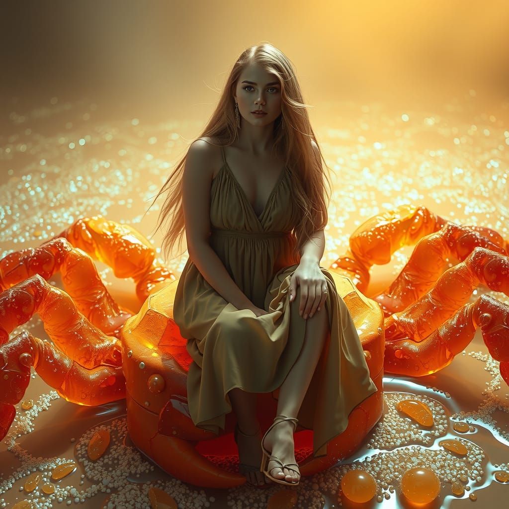 Dreamy Soda Sea: Woman on Gummy Crab in Neon Glow