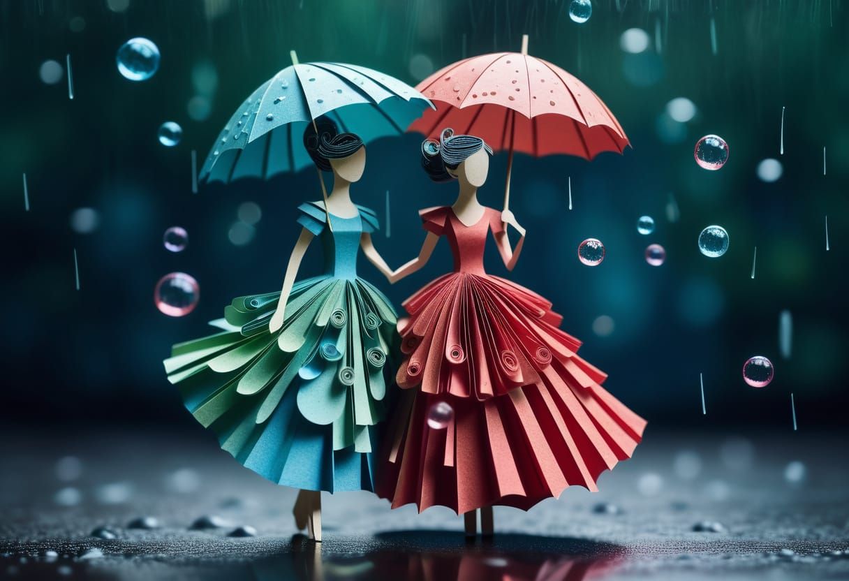 Surreal Papercraft Figures in Rain, Litmus Colors