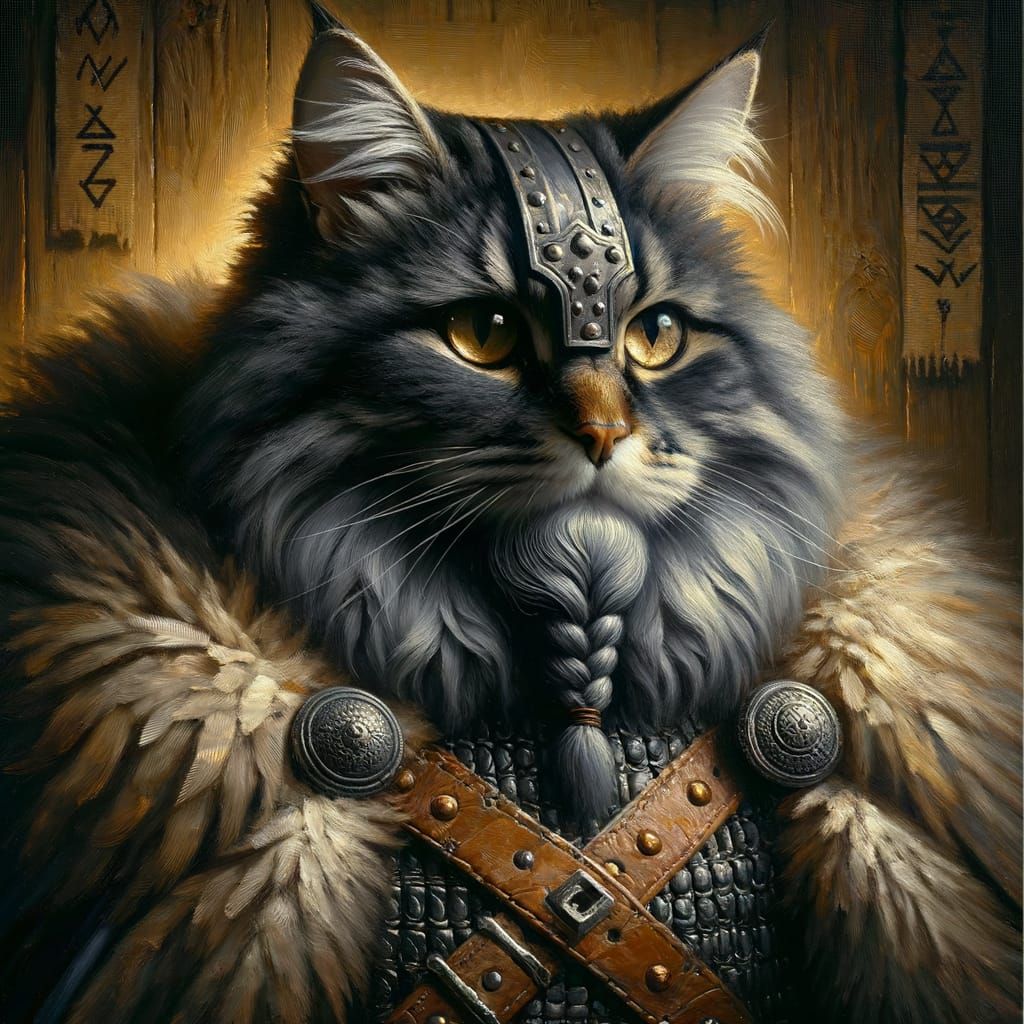Viking Cat Portrait in Heavy Impasto Oil Style