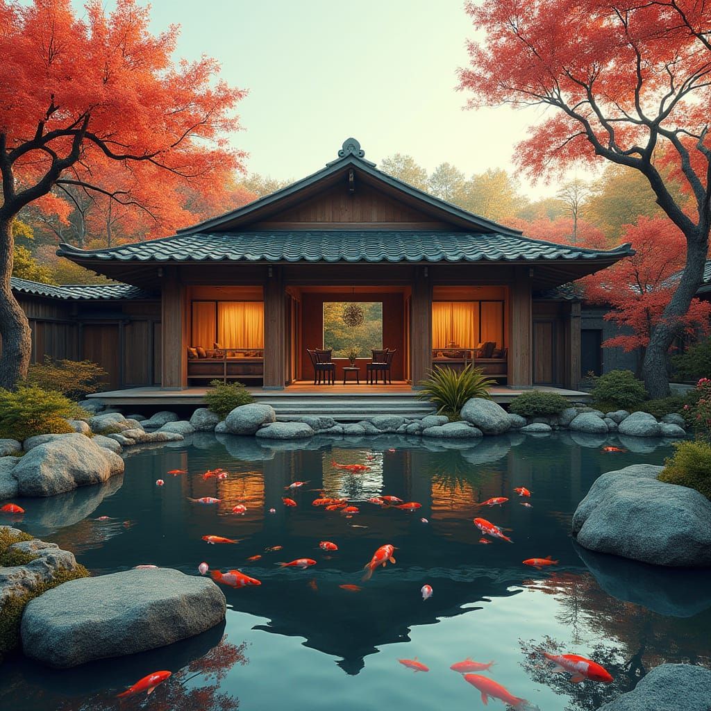 Traditional Japanese House Surrounded by Vibrant Koi Pond