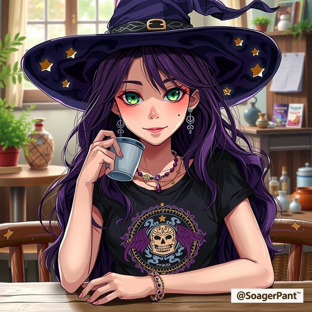 Young Witch with Dark Purple Hair and Bright Green Eyes in A...