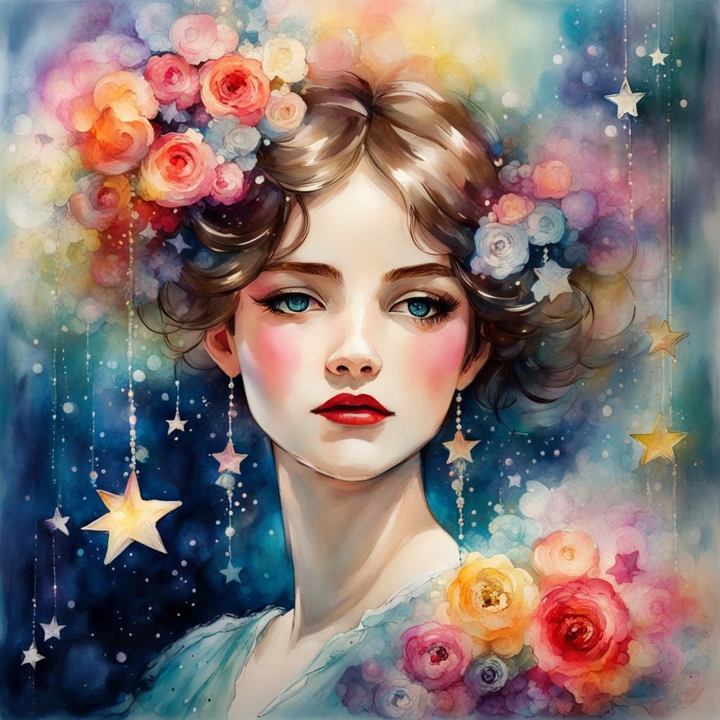 Edwardian Woman in Whimsical Garden with Shooting Stars