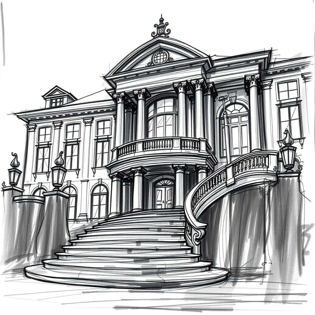 Luxurious Mansion in Expressive Black-and-White Pencil Sketc...