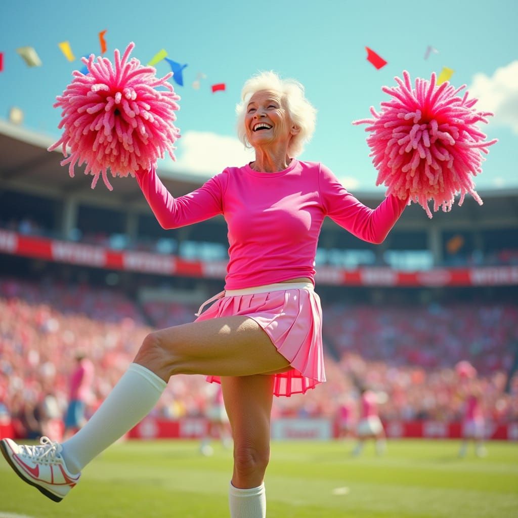 Elderly Cheerleader Soars in Vibrant Stadium Scene