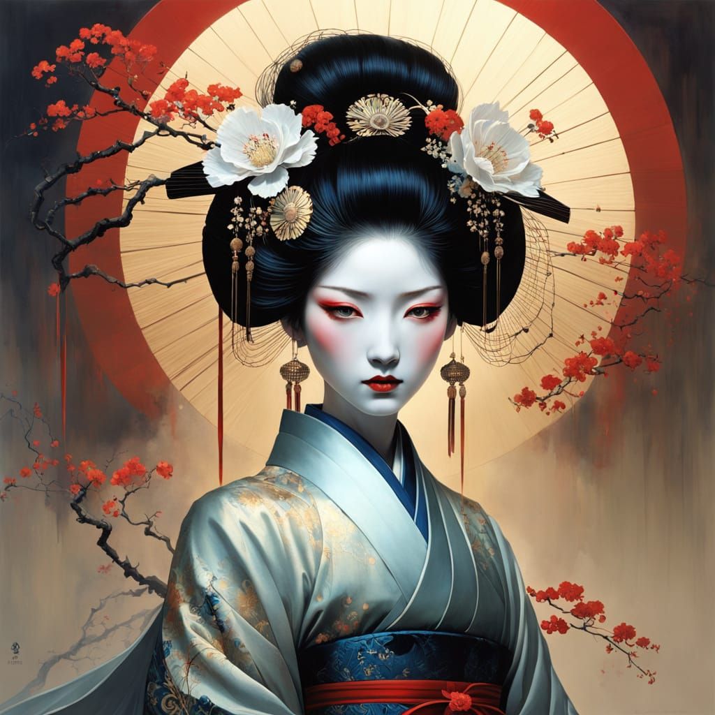 geisha in the style of Anne Bachelier, Karol Bak, Zdzislaw Beksinski, Enki Bilal, Harry Clarke, Erin Hanson