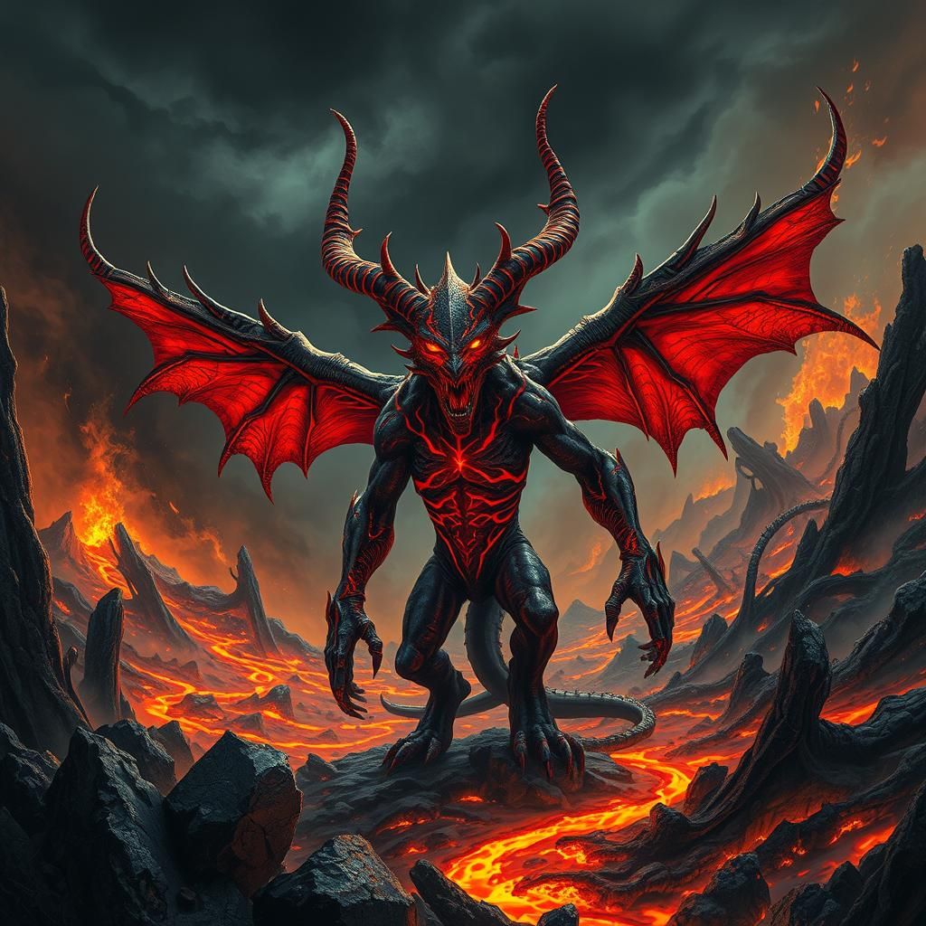 Menacing Demon in Hellish Biomechanical Landscape