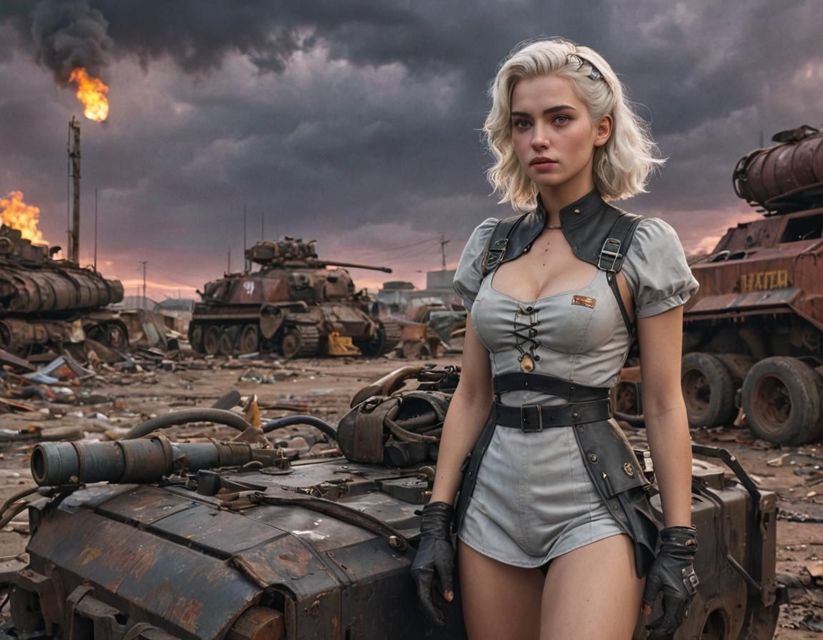 Dieselpunk Soldier and Panzer Tank in Industrial Setting