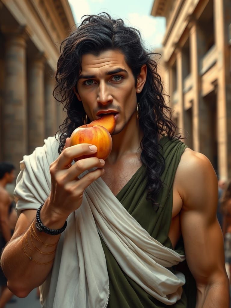 Elven Aristocrat Enjoys Peach in Ancient Rome