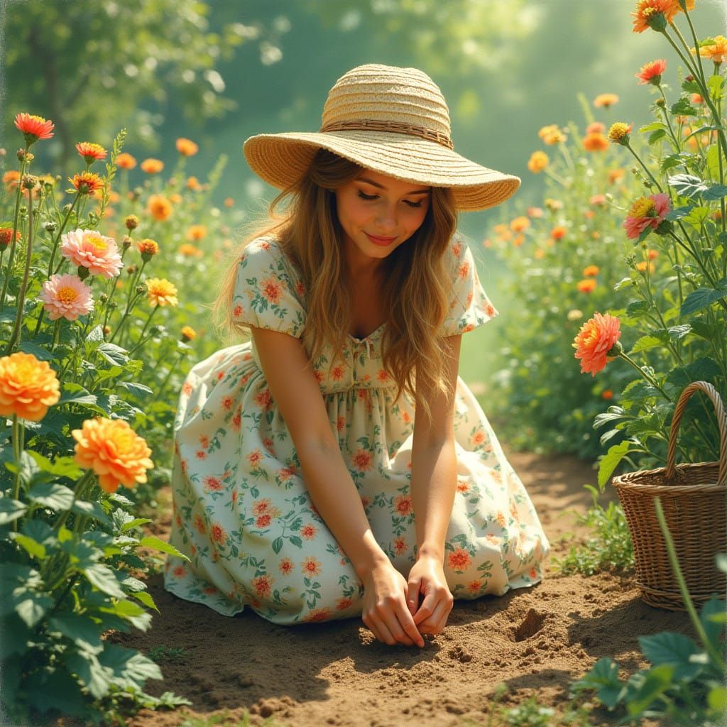 Woman Tends to Whimsical Garden in Warm, Golden Light