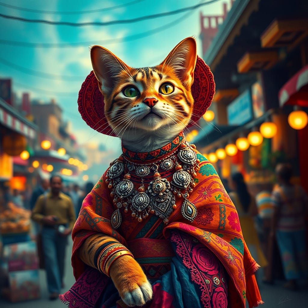 Majestic Cat in Mexican Market Scene