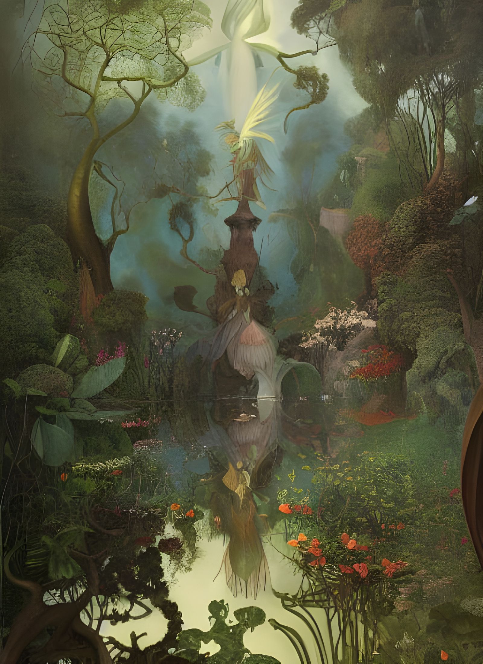 Lush Garden Scene with Non-Human Being in Surreal Style