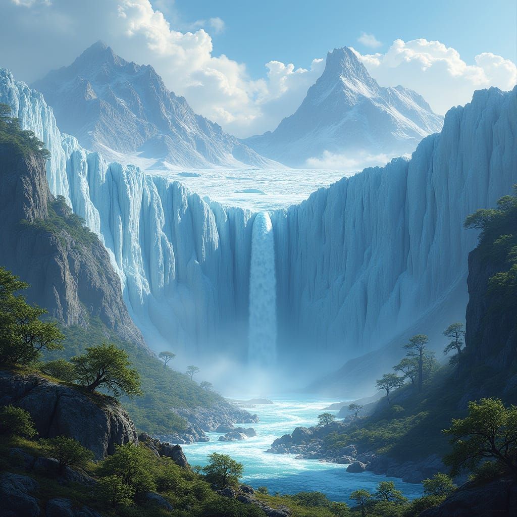 Ancient Ice Sheet With Waterfall and Budding Forest