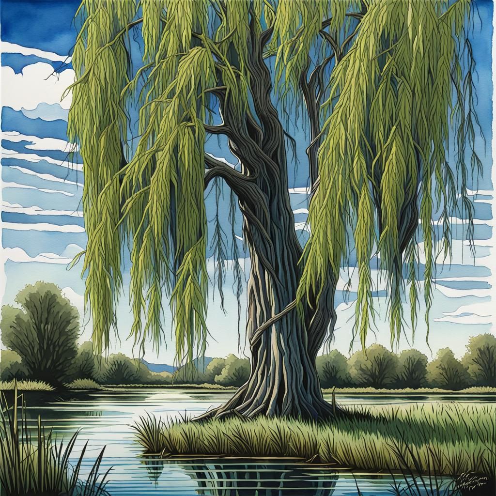 Weeping Willow Tree in Watercolor Style