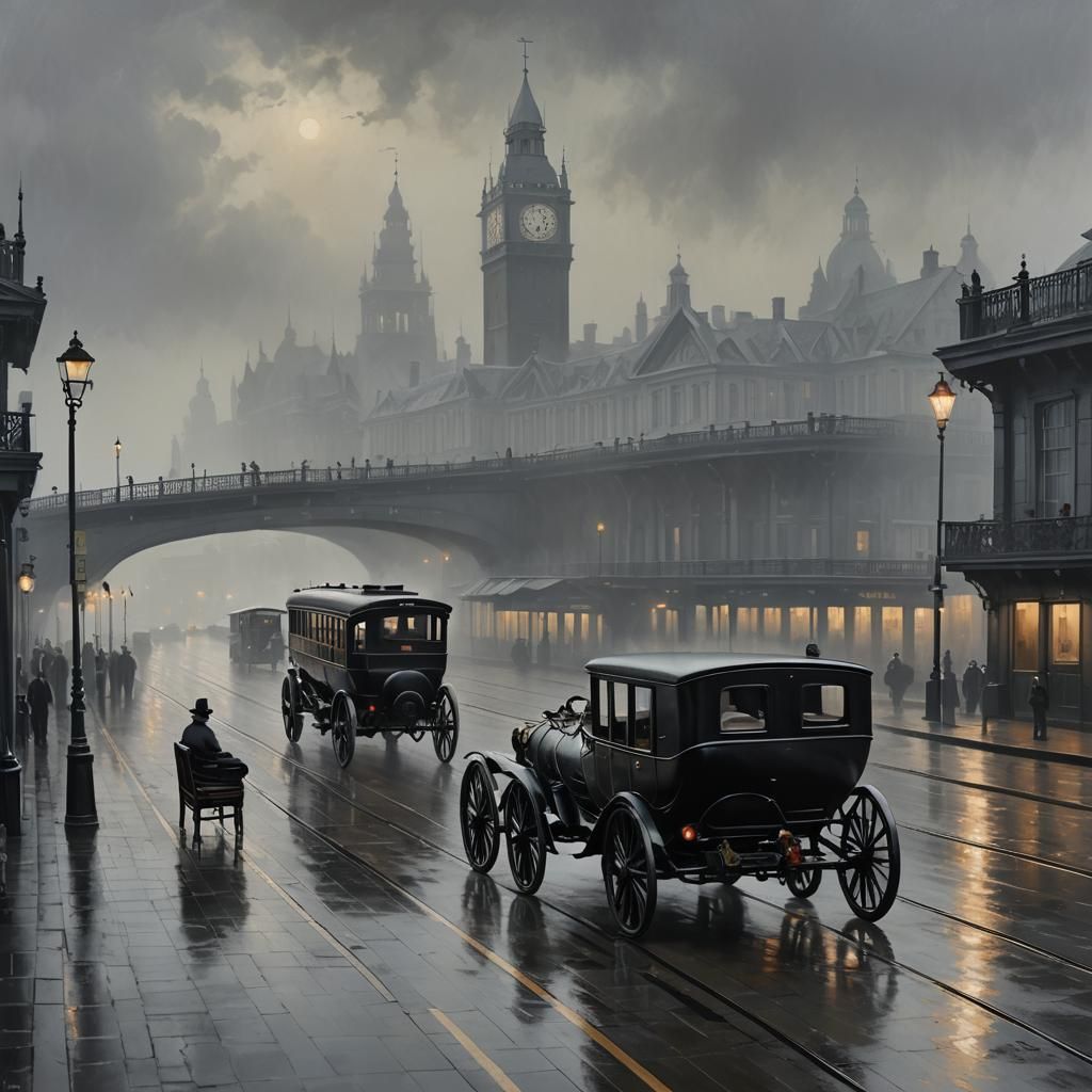 Elegant Study Room with Black Carriages in Fog