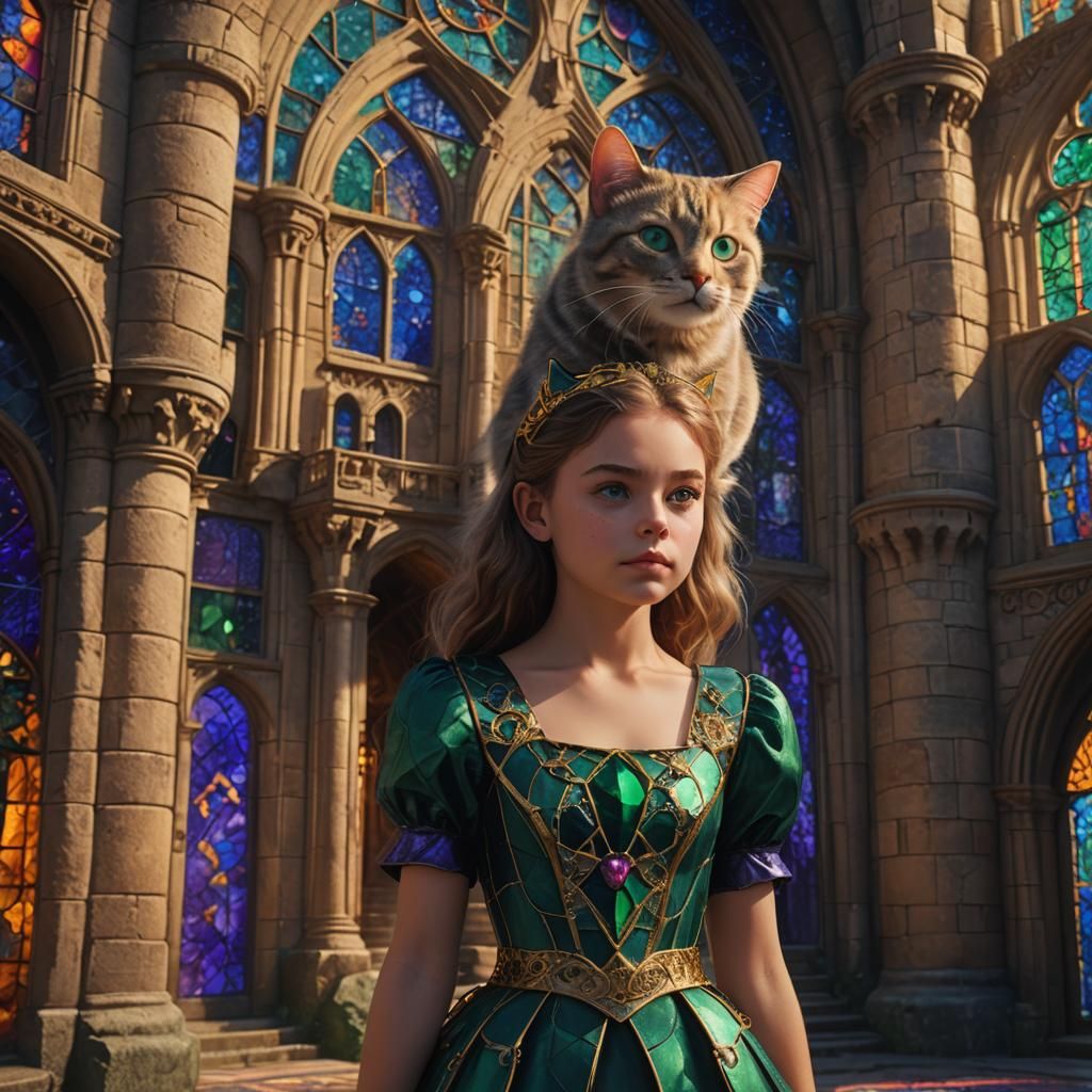 Girl in Cat Dress in Castle: Digital Art