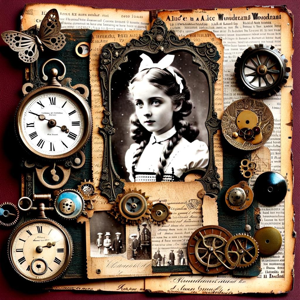Steampunk Alice in Wonderland Collage Art