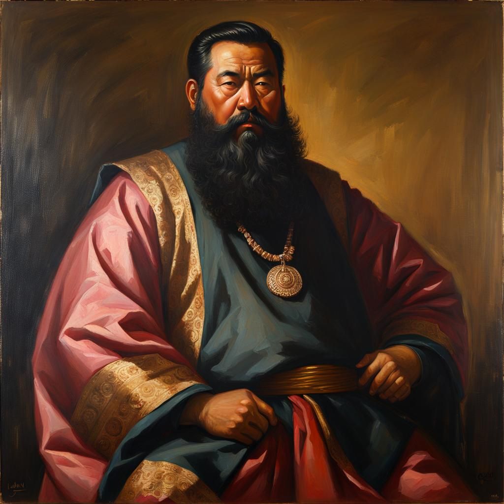 Asian Man with Beard in Rose Gold Tunic Painting