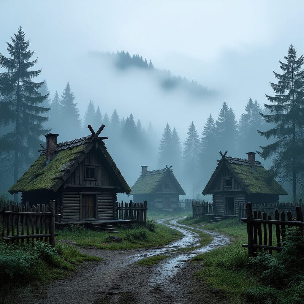 Misty Medieval Village in Eerie Style