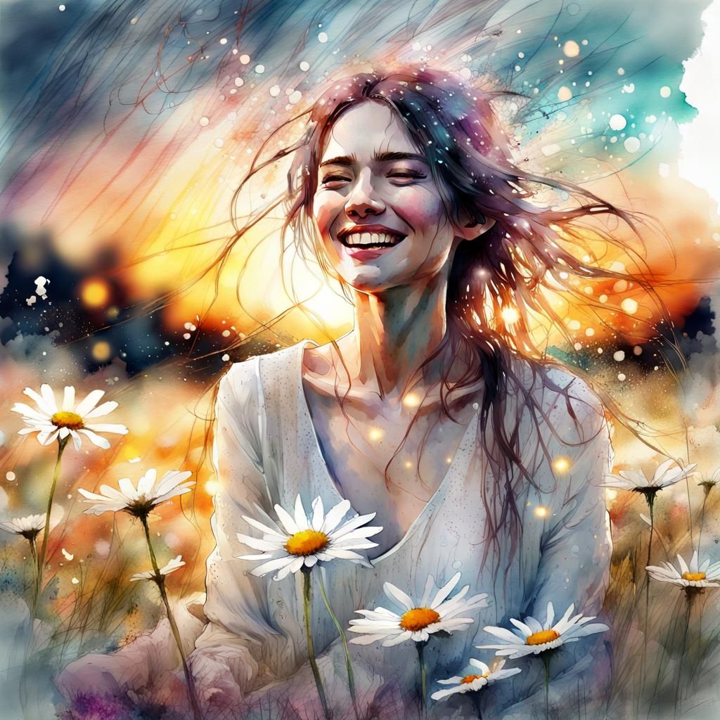 Beautiful Woman in Daisy Field: Digital Watercolor Art