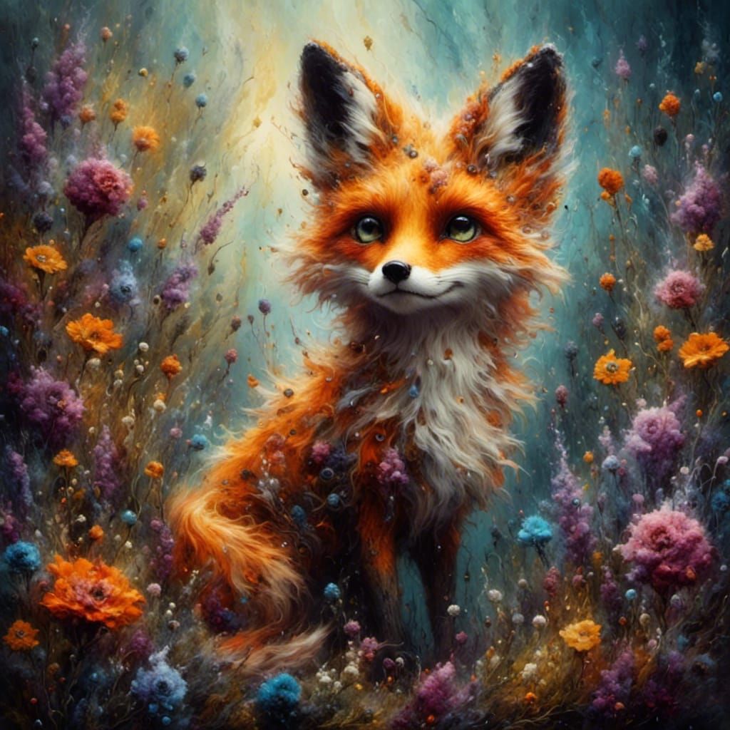 Fauvist Fox Cub in Wildflower Meadow