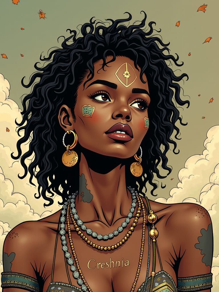 Comic Book Art of African Woman with Tribal Markings and Jew...